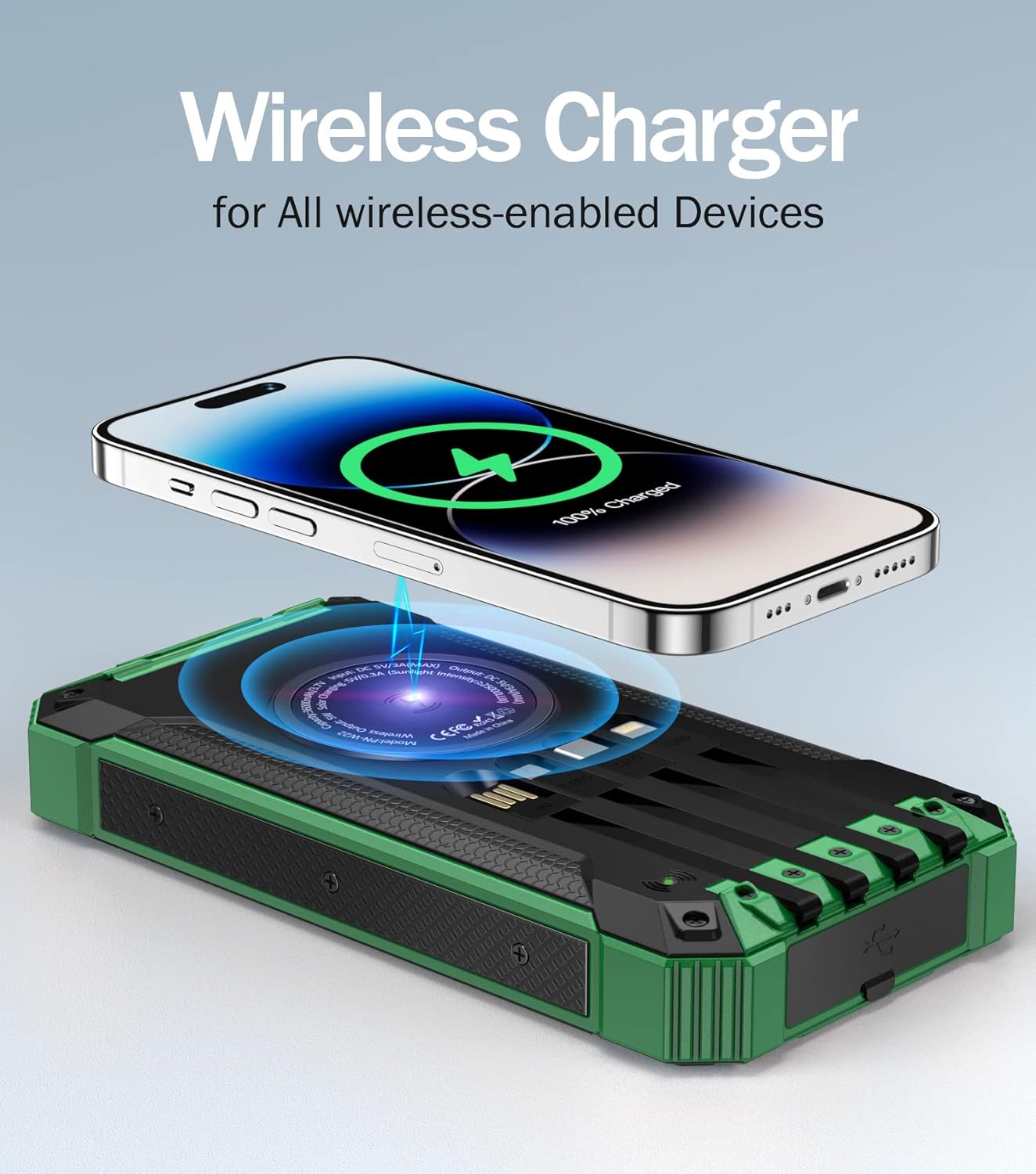 36000mAh Built in 4 Cables Six Outputs 15W Fast Charging Power Bank for All Mobile Devices Three Inputs Solar Portable Charger with Dual Flashlights, Carabiner