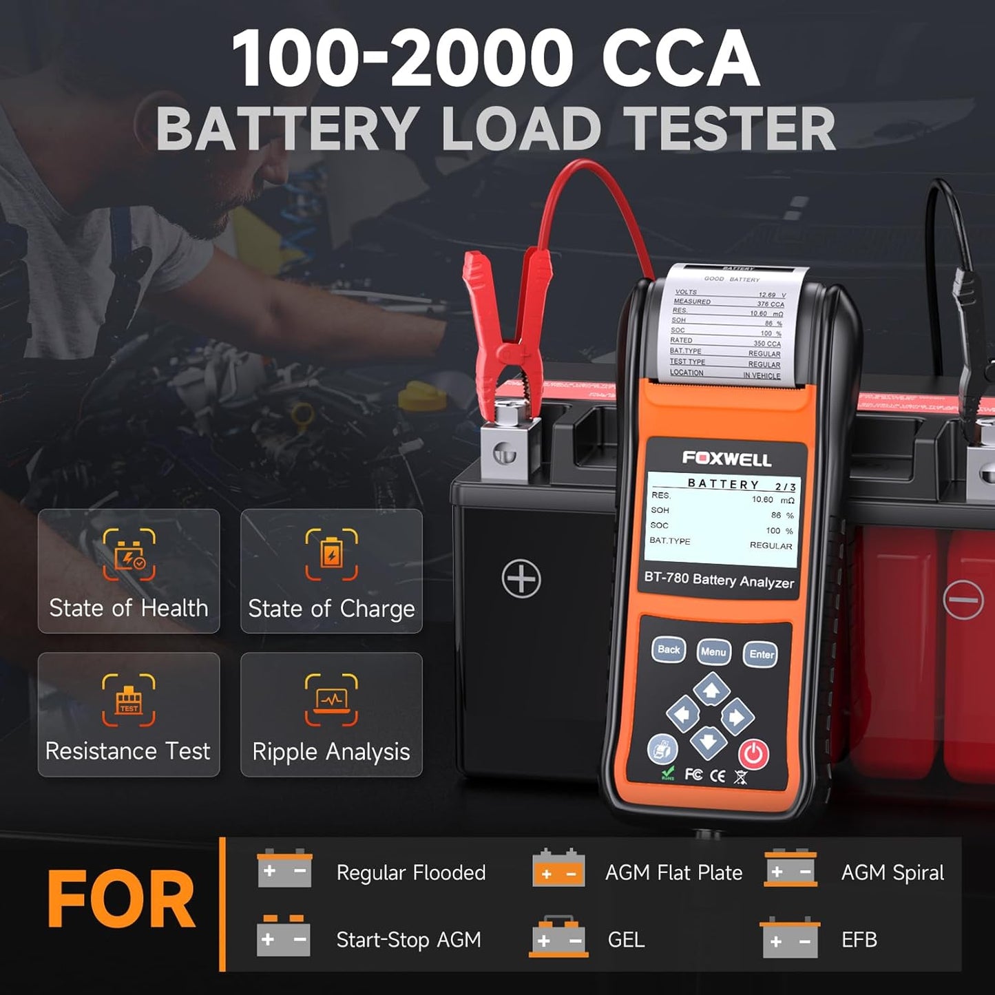 BT780 Car Battery Tester, 12V 24V Battery Load Tester with Printer 100-2000CCA Digital