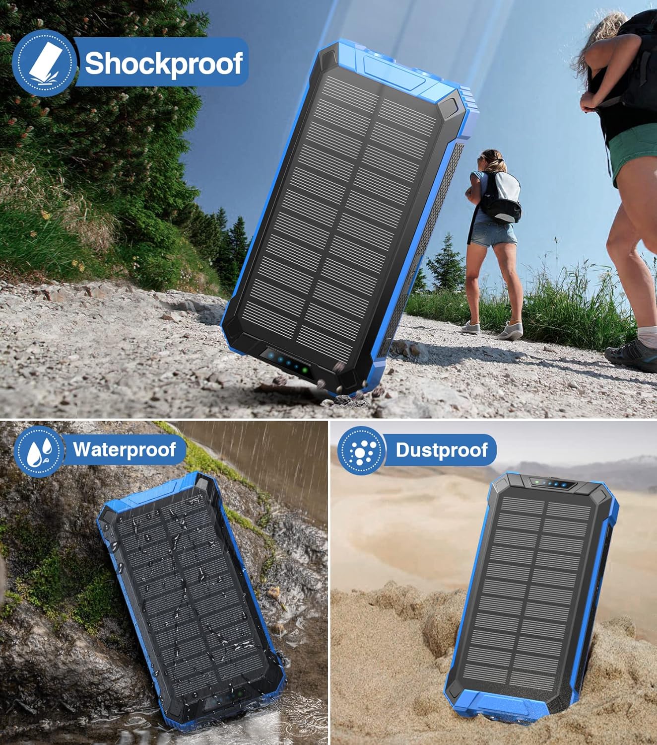 36000mAh Built in 4 Cables Six Outputs 15W Fast Charging Power Bank for All Mobile Devices Three Inputs Solar Portable Charger with Dual Flashlights, Carabiner