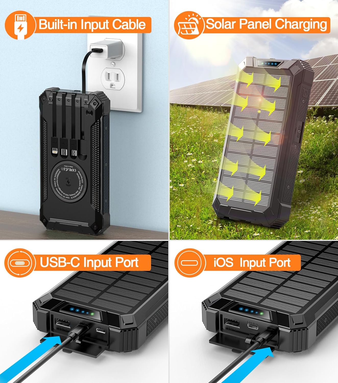 36000mAh Built in 4 Cables Six Outputs 15W Fast Charging Power Bank for All Mobile Devices Three Inputs Solar Portable Charger with Dual Flashlights, Carabiner