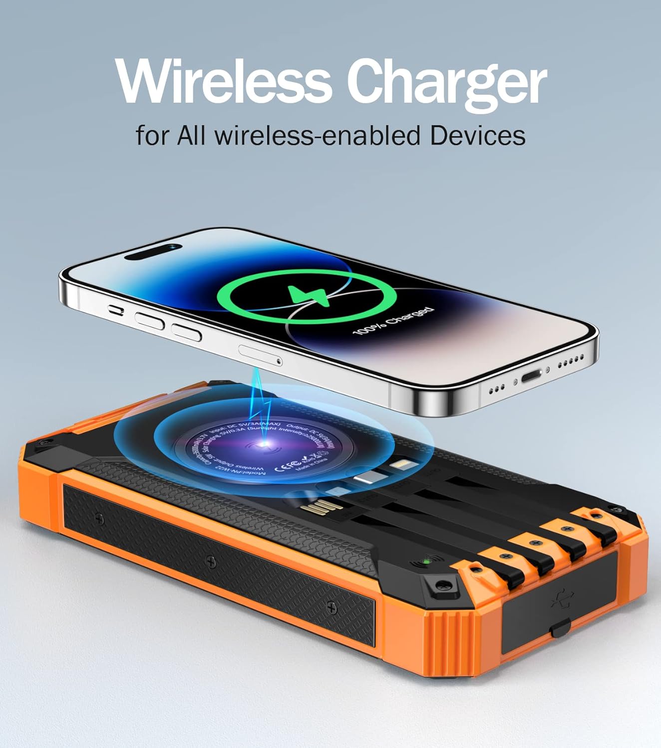 36000mAh Built in 4 Cables Six Outputs 15W Fast Charging Power Bank for All Mobile Devices Three Inputs Solar Portable Charger with Dual Flashlights, Carabiner