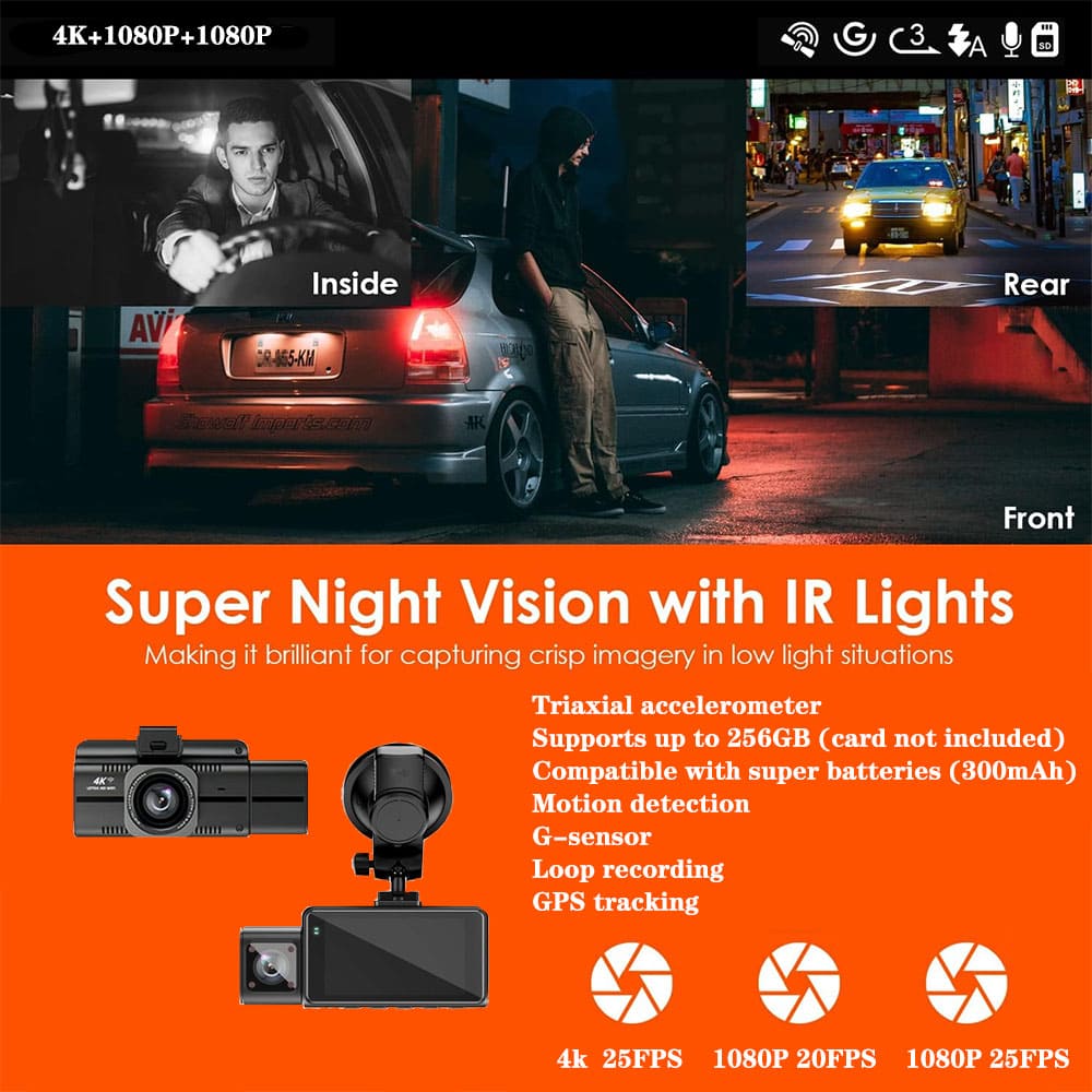Best 3 Channel Dash Cam 2025 – 4K Dash Cam for Car, Night Vision, 256GB SD Support
