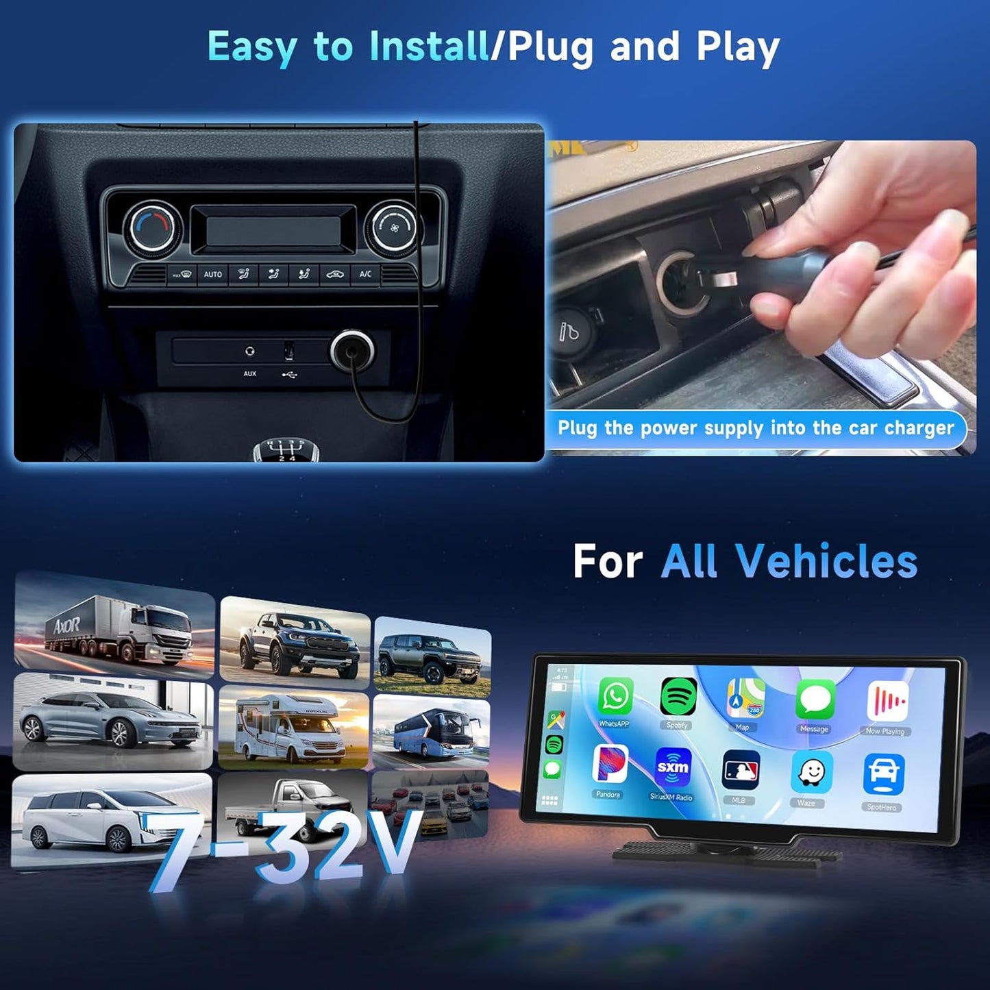 10.26" Wireless Apple Carplay Car Stereo with 1080P Backup Camera, Portable Car Radio with Wireless Android Auto, IPS Touchscreen, Voice Control, Bluetooth, Car Play Navigation, AUX/FM