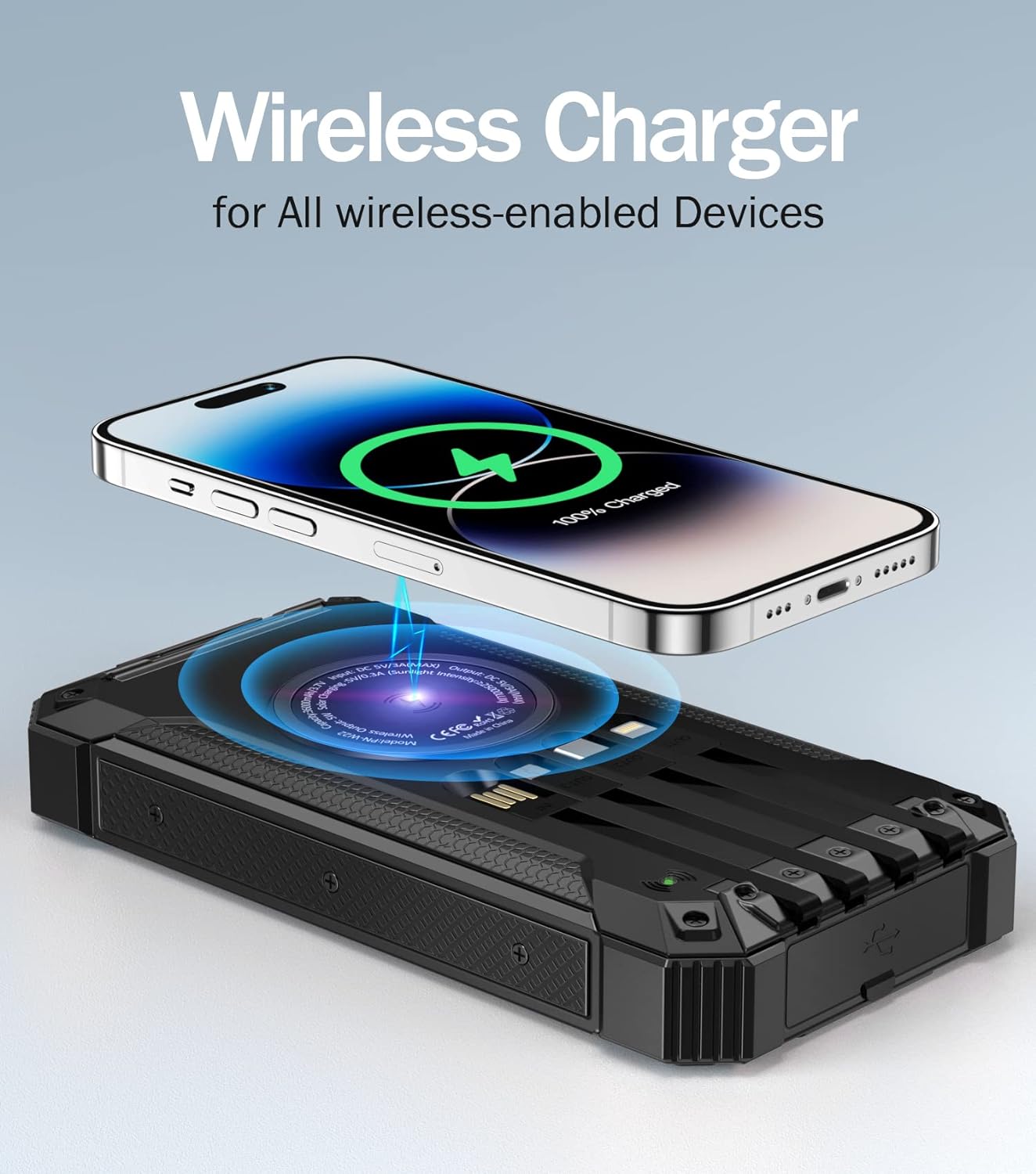 36000mAh Built in 4 Cables Six Outputs 15W Fast Charging Power Bank for All Mobile Devices Three Inputs Solar Portable Charger with Dual Flashlights, Carabiner