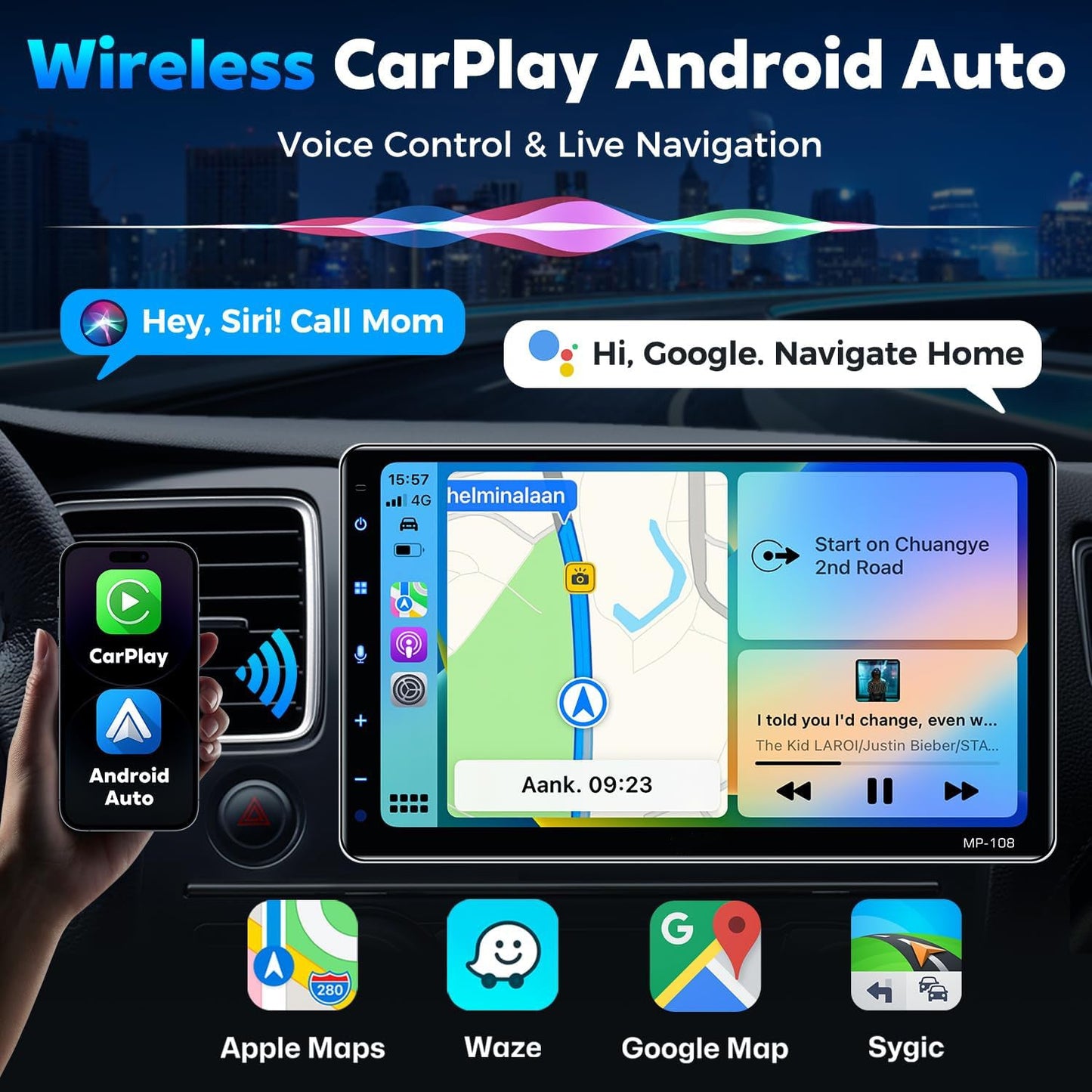 10.1" Wireless Single Din Car Radio Stereo with Apple Carplay Android Auto Touch Screen