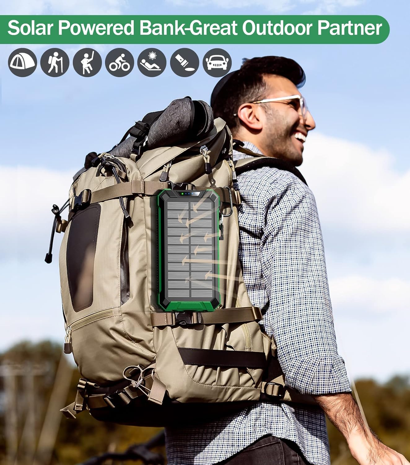 36000mAh Built in 4 Cables Six Outputs 15W Fast Charging Power Bank for All Mobile Devices Three Inputs Solar Portable Charger with Dual Flashlights, Carabiner