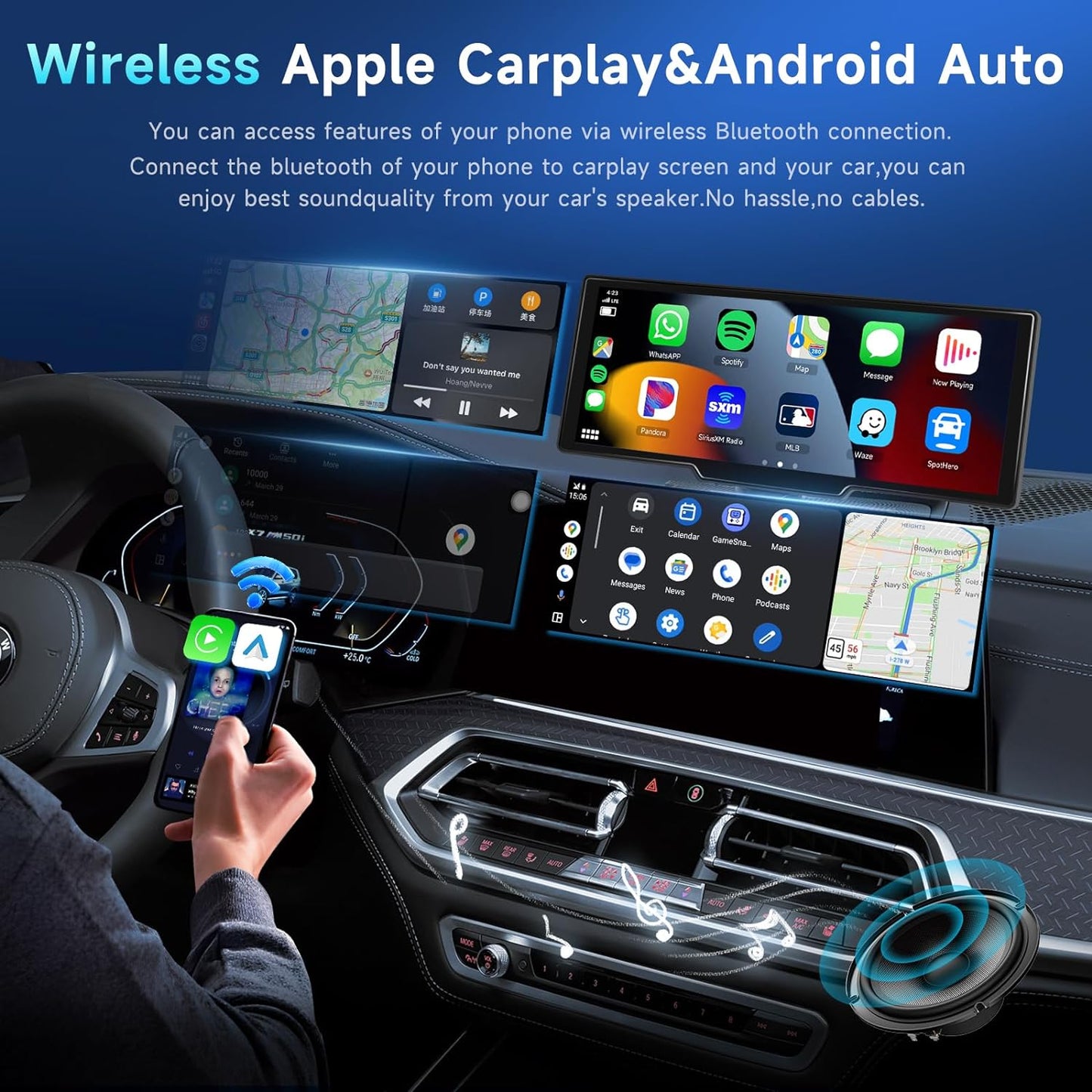 10.26" Wireless Apple Carplay Car Stereo with 1080P Backup Camera, Portable Car Radio with Wireless Android Auto, IPS Touchscreen, Voice Control, Bluetooth, Car Play Navigation, AUX/FM