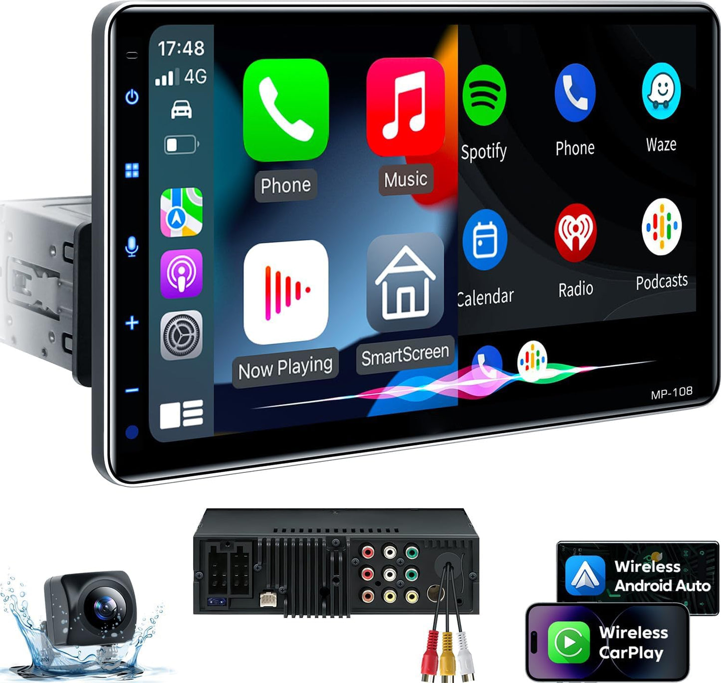 10.1" Wireless Single Din Car Radio Stereo with Apple Carplay Android Auto Touch Screen
