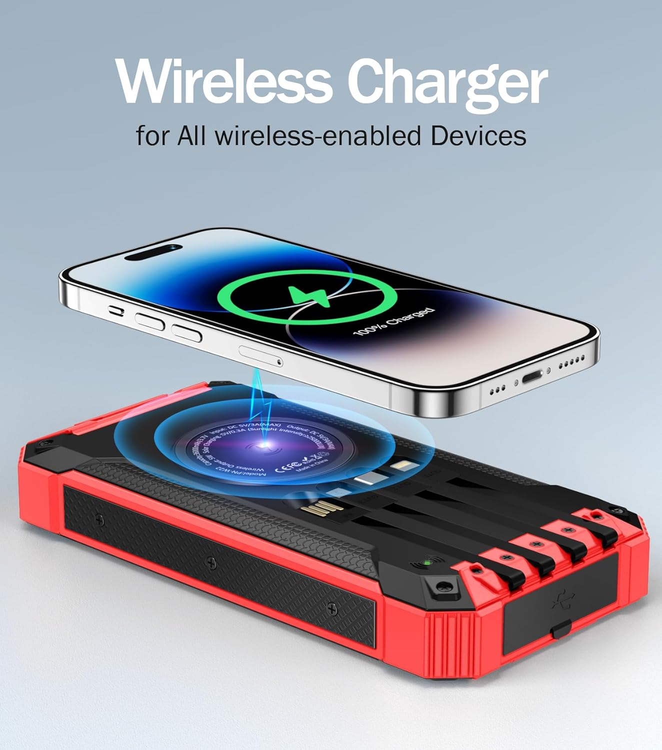36000mAh Built in 4 Cables Six Outputs 15W Fast Charging Power Bank for All Mobile Devices Three Inputs Solar Portable Charger with Dual Flashlights, Carabiner