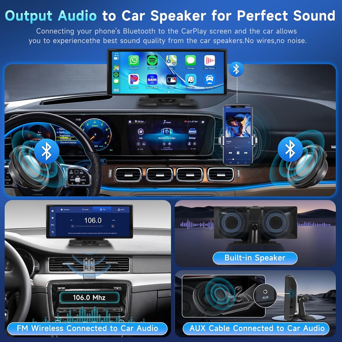 10.26" Wireless Apple Carplay Car Stereo with 1080P Backup Camera, Portable Car Radio with Wireless Android Auto, IPS Touchscreen, Voice Control, Bluetooth, Car Play Navigation, AUX/FM