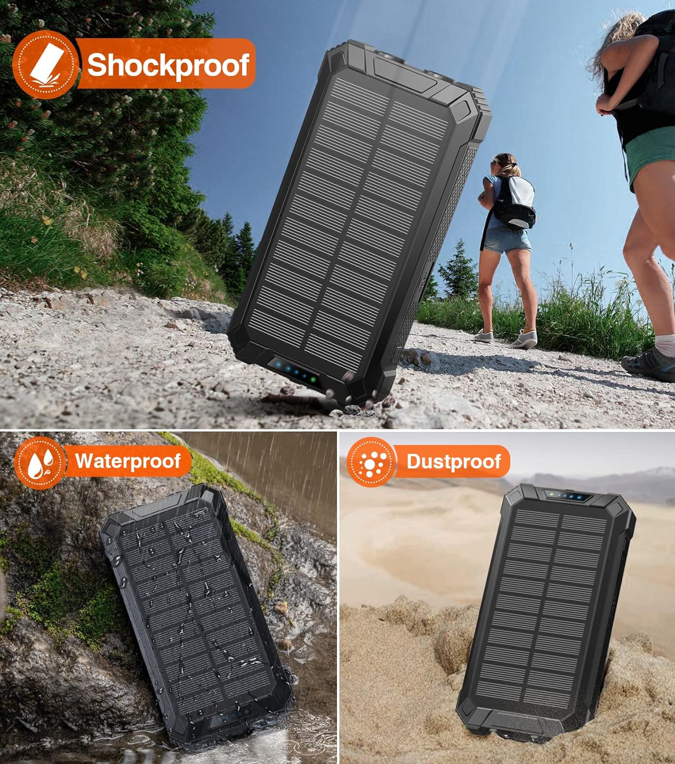 36000mAh Built in 4 Cables Six Outputs 15W Fast Charging Power Bank for All Mobile Devices Three Inputs Solar Portable Charger with Dual Flashlights, Carabiner