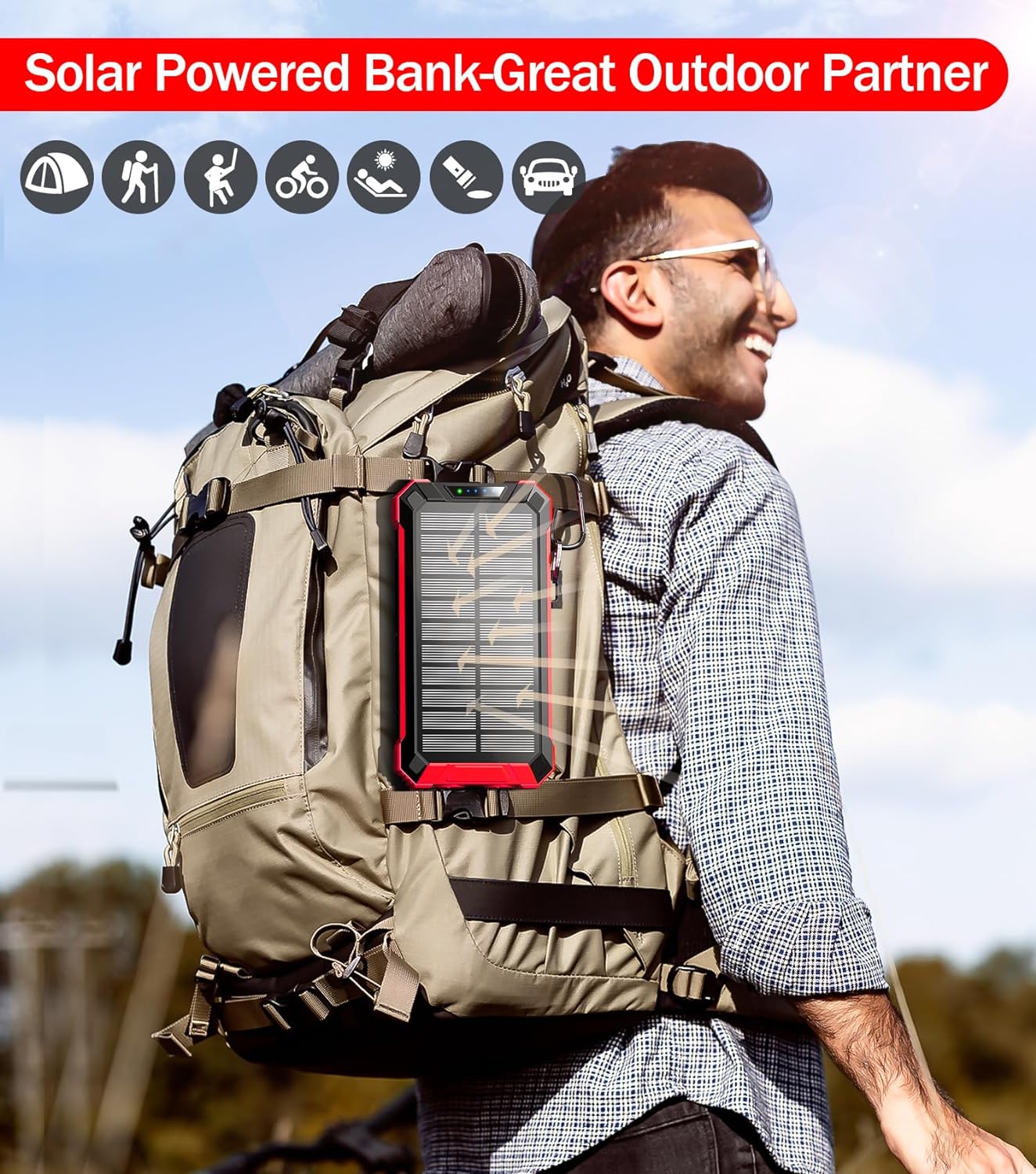 36000mAh Built in 4 Cables Six Outputs 15W Fast Charging Power Bank for All Mobile Devices Three Inputs Solar Portable Charger with Dual Flashlights, Carabiner