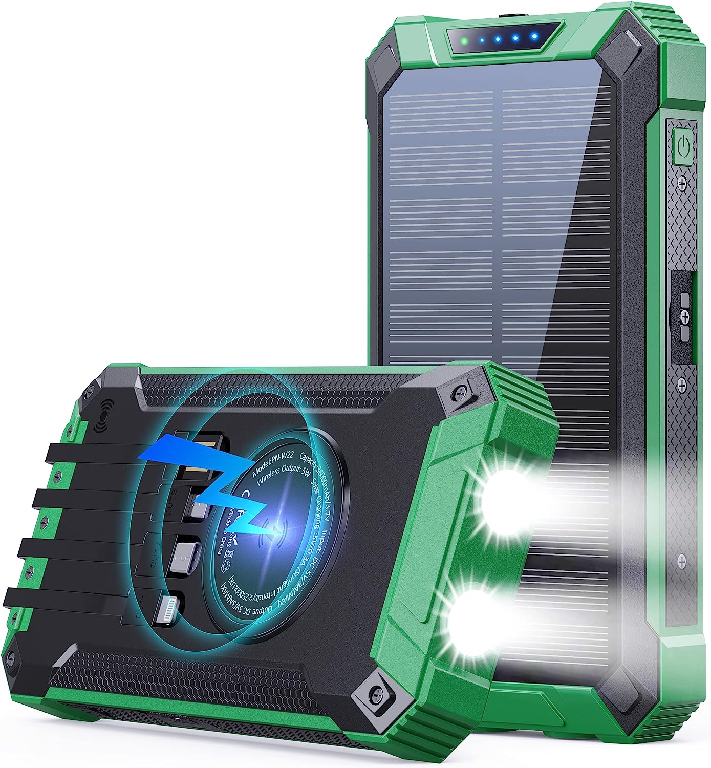 36000mAh Built in 4 Cables Six Outputs 15W Fast Charging Power Bank for All Mobile Devices Three Inputs Solar Portable Charger with Dual Flashlights, Carabiner