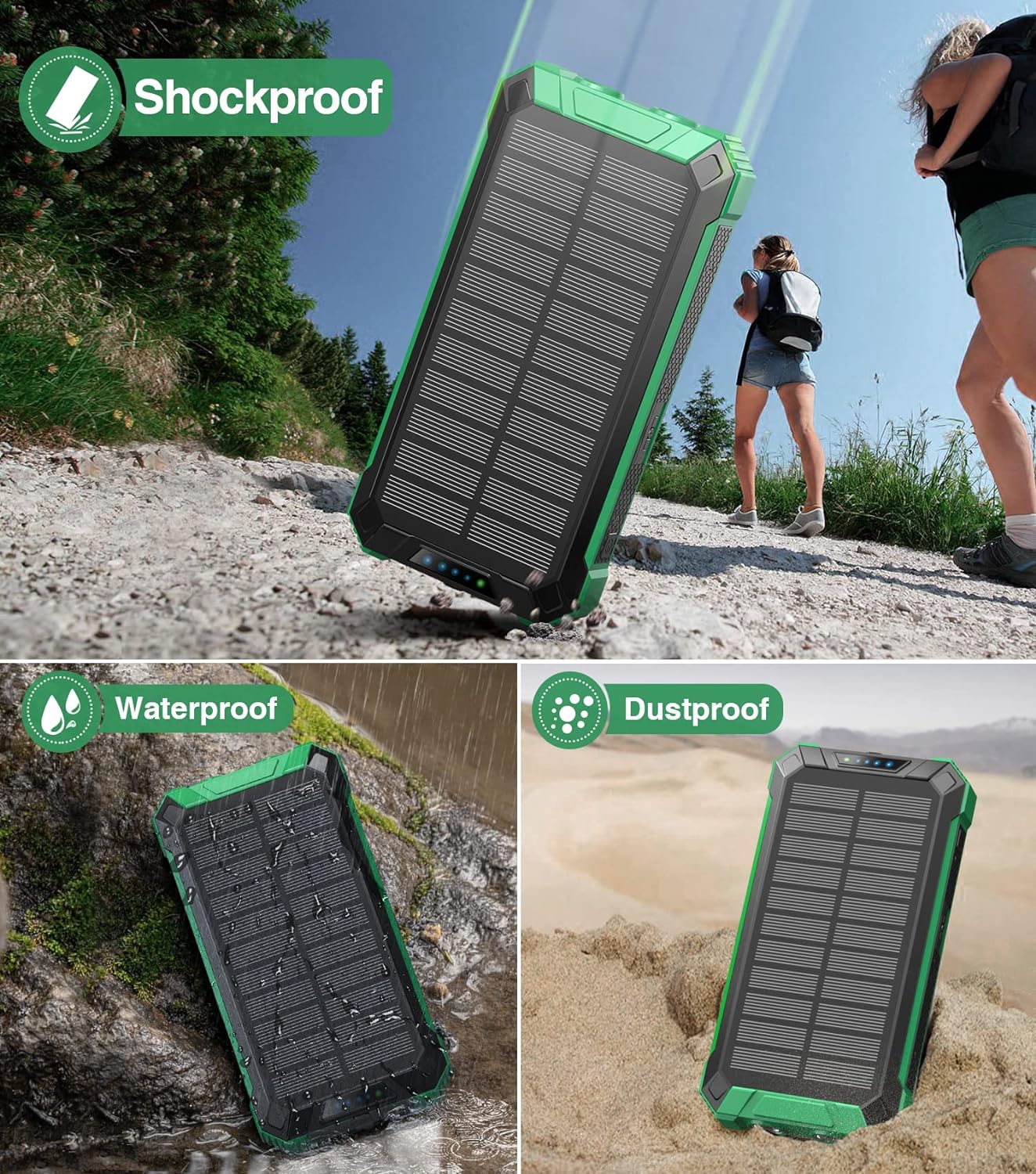 36000mAh Built in 4 Cables Six Outputs 15W Fast Charging Power Bank for All Mobile Devices Three Inputs Solar Portable Charger with Dual Flashlights, Carabiner