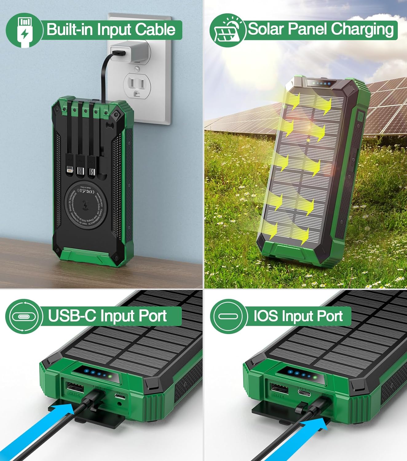 36000mAh Built in 4 Cables Six Outputs 15W Fast Charging Power Bank for All Mobile Devices Three Inputs Solar Portable Charger with Dual Flashlights, Carabiner