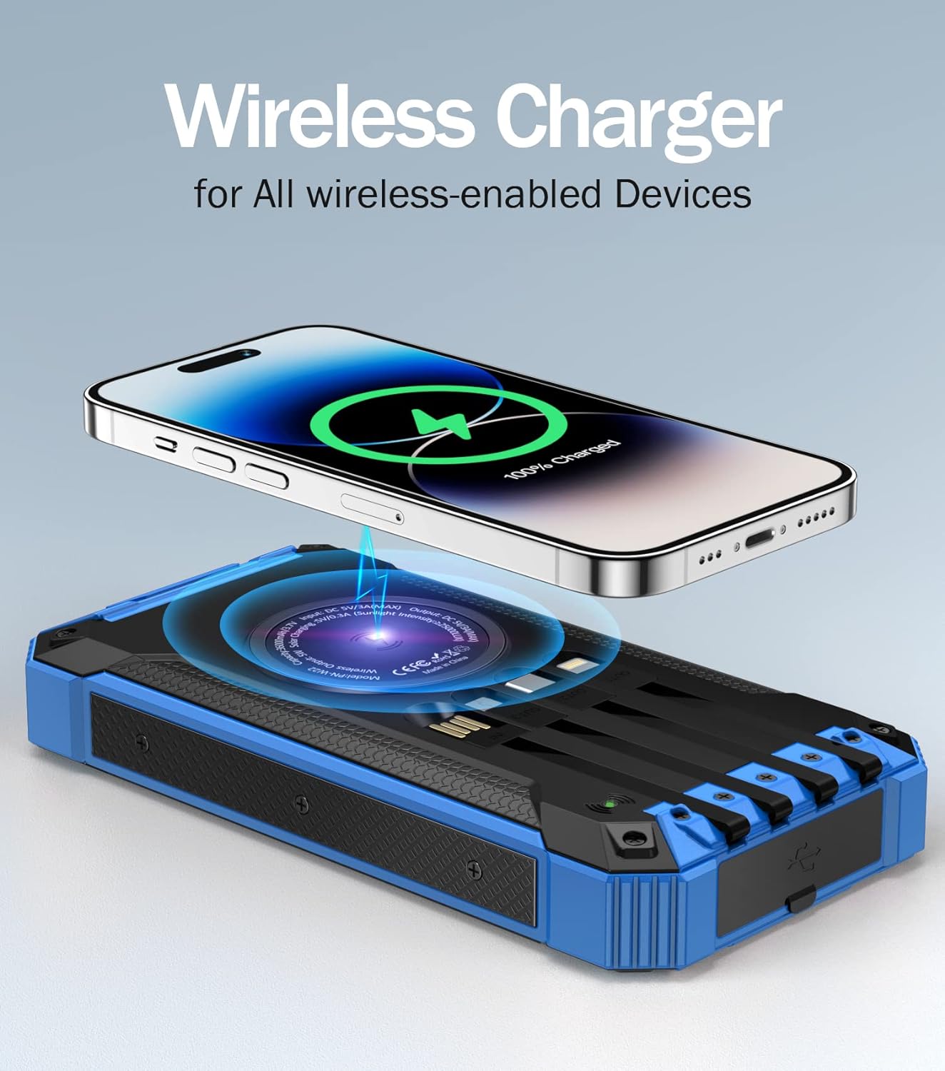 36000mAh Built in 4 Cables Six Outputs 15W Fast Charging Power Bank for All Mobile Devices Three Inputs Solar Portable Charger with Dual Flashlights, Carabiner