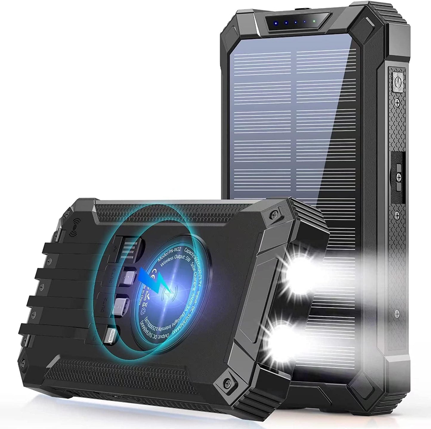36000mAh Built in 4 Cables Six Outputs 15W Fast Charging Power Bank for All Mobile Devices Three Inputs Solar Portable Charger with Dual Flashlights, Carabiner
