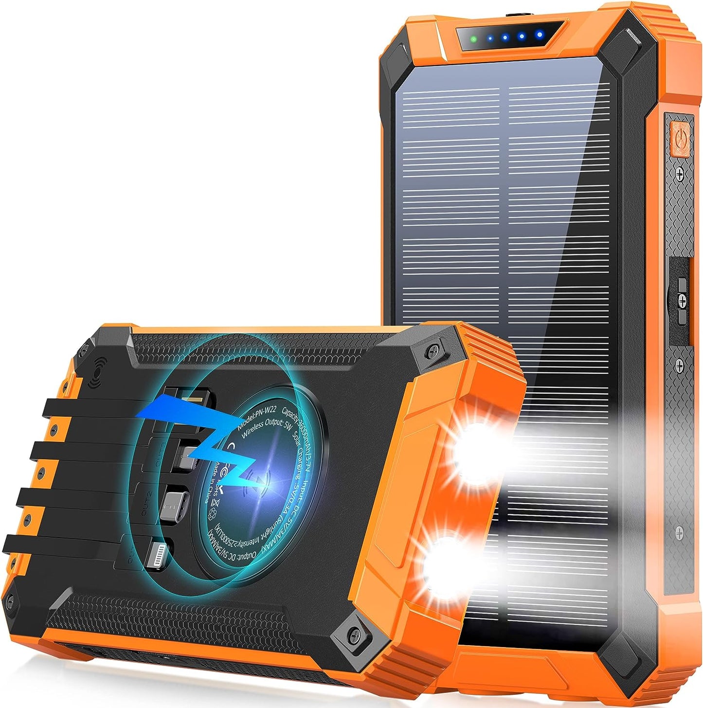 36000mAh Built in 4 Cables Six Outputs 15W Fast Charging Power Bank for All Mobile Devices Three Inputs Solar Portable Charger with Dual Flashlights, Carabiner