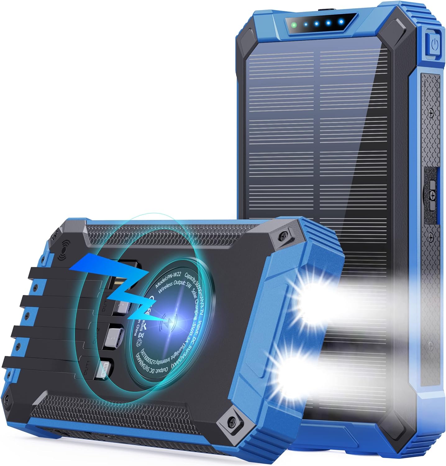 36000mAh Built in 4 Cables Six Outputs 15W Fast Charging Power Bank for All Mobile Devices Three Inputs Solar Portable Charger with Dual Flashlights, Carabiner