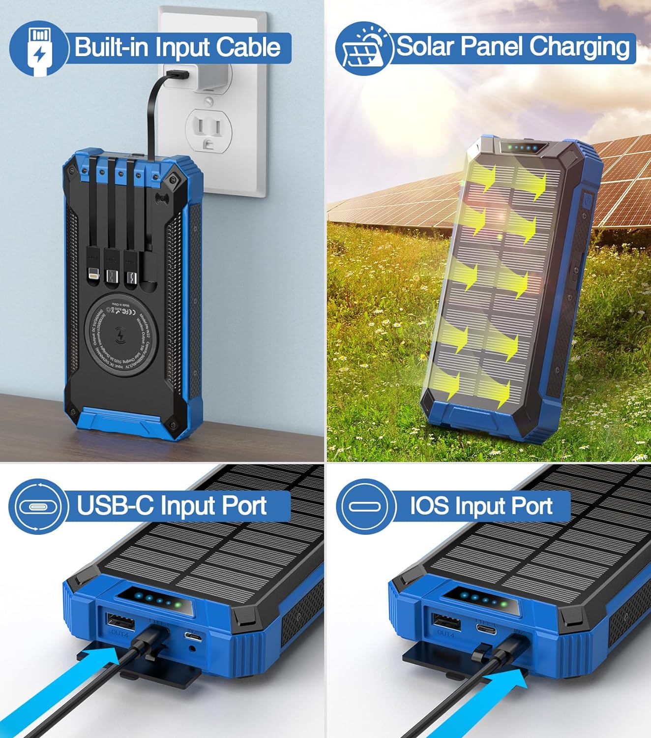 36000mAh Built in 4 Cables Six Outputs 15W Fast Charging Power Bank for All Mobile Devices Three Inputs Solar Portable Charger with Dual Flashlights, Carabiner