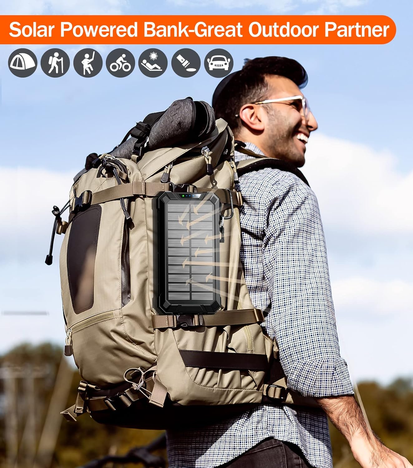 36000mAh Built in 4 Cables Six Outputs 15W Fast Charging Power Bank for All Mobile Devices Three Inputs Solar Portable Charger with Dual Flashlights, Carabiner