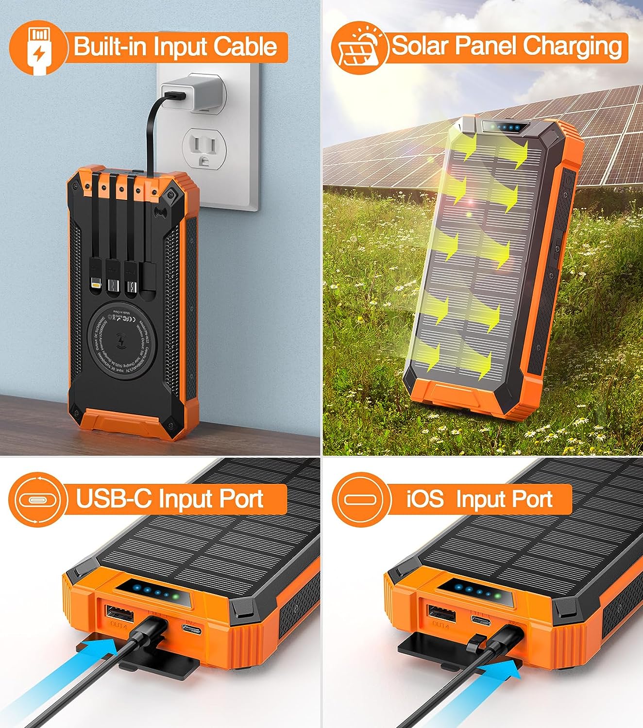 36000mAh Built in 4 Cables Six Outputs 15W Fast Charging Power Bank for All Mobile Devices Three Inputs Solar Portable Charger with Dual Flashlights, Carabiner