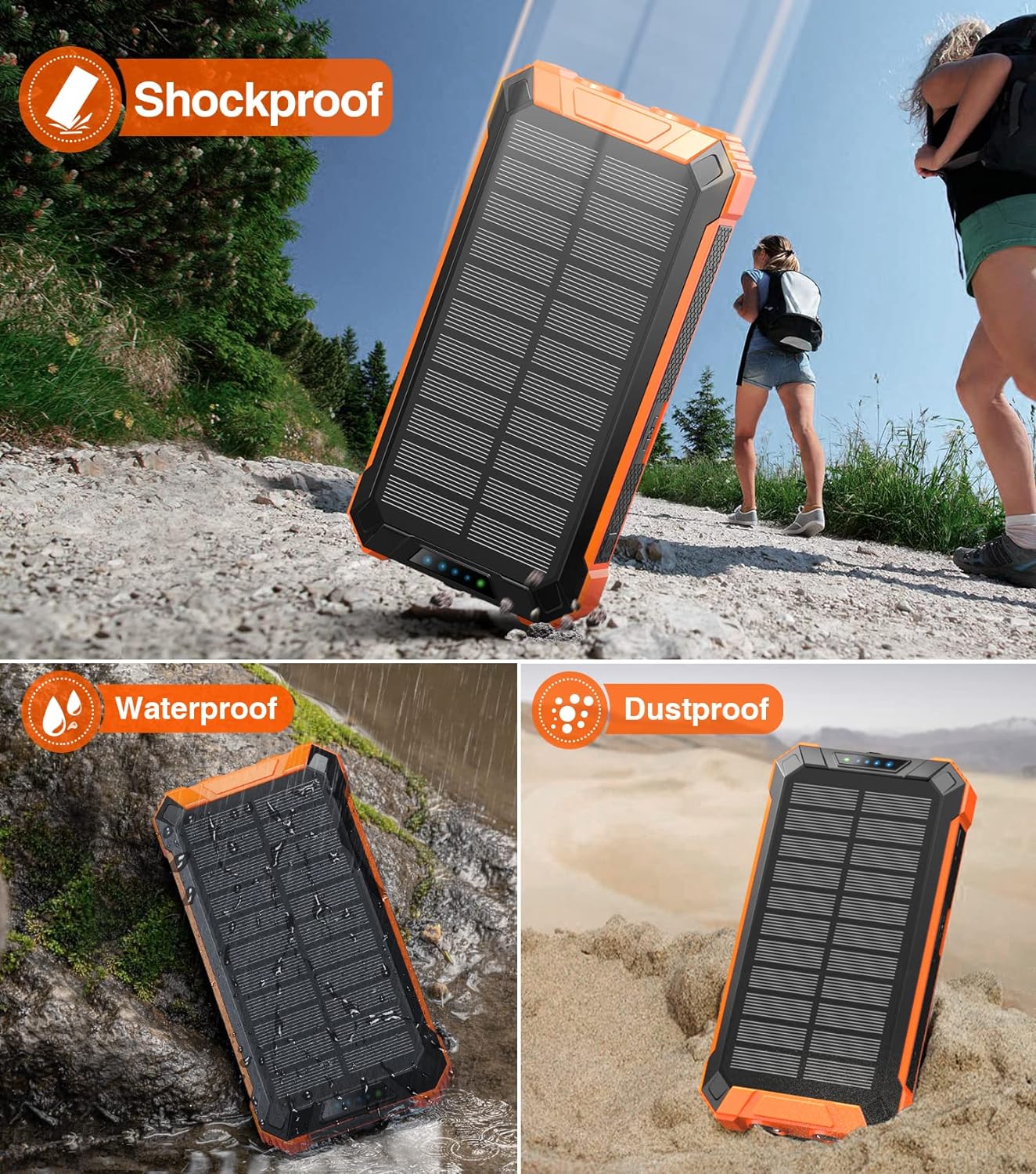 36000mAh Built in 4 Cables Six Outputs 15W Fast Charging Power Bank for All Mobile Devices Three Inputs Solar Portable Charger with Dual Flashlights, Carabiner