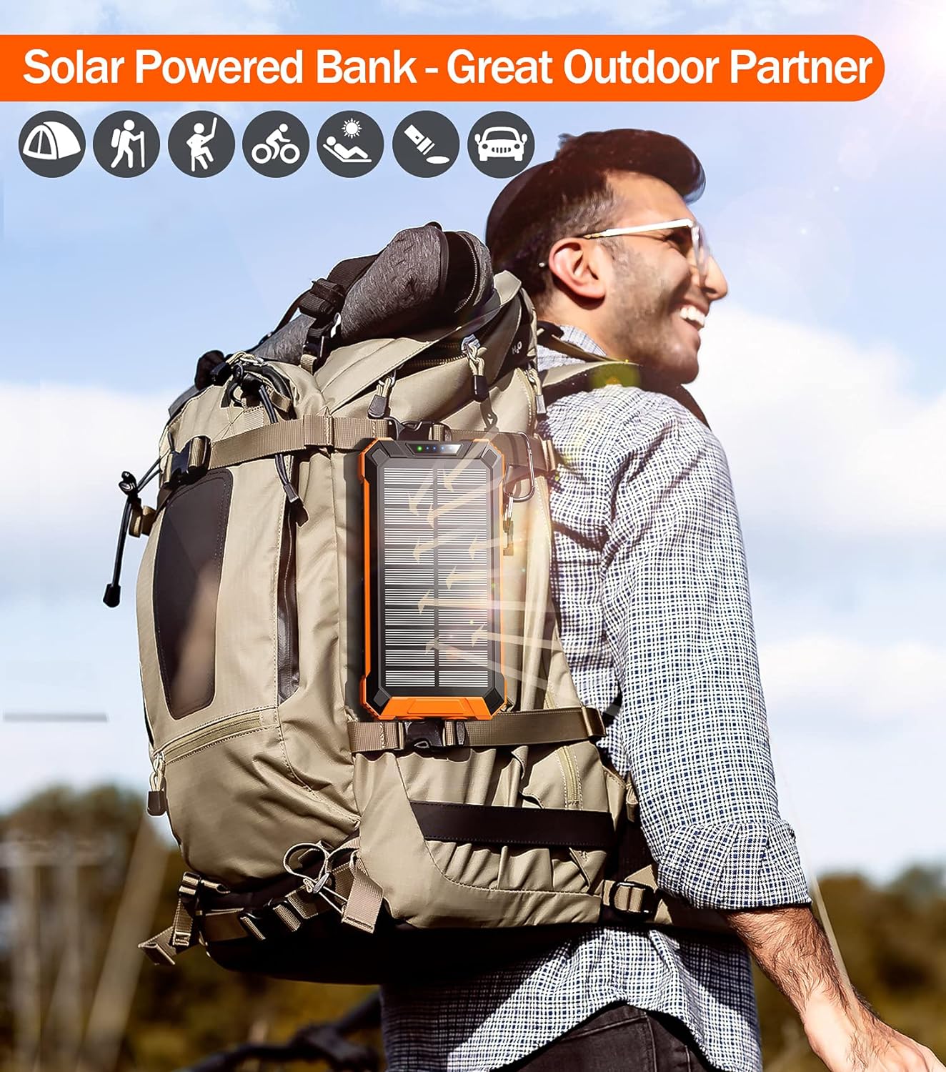 36000mAh Built in 4 Cables Six Outputs 15W Fast Charging Power Bank for All Mobile Devices Three Inputs Solar Portable Charger with Dual Flashlights, Carabiner