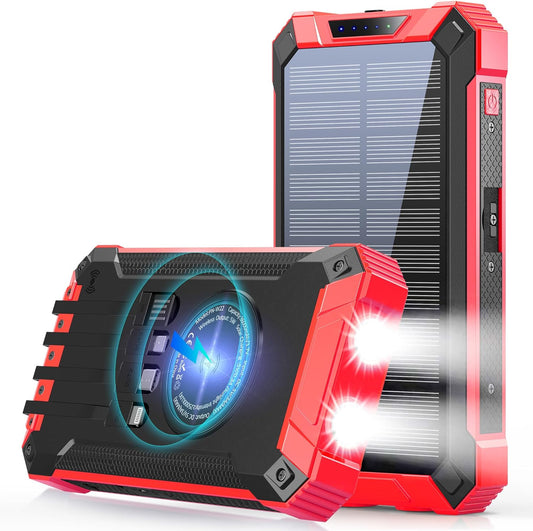 36000mAh Built in 4 Cables Six Outputs 15W Fast Charging Power Bank for All Mobile Devices Three Inputs Solar Portable Charger with Dual Flashlights, Carabiner