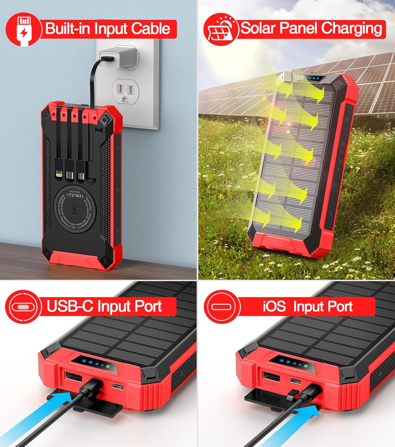36000mAh Built in 4 Cables Six Outputs 15W Fast Charging Power Bank for All Mobile Devices Three Inputs Solar Portable Charger with Dual Flashlights, Carabiner