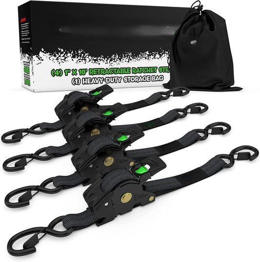 Retractable ratchet Tie down Band (4PK) - 1,209 LBS guaranteed maximum breaking strength! Includes (4) Ultimate 1 "x 10" self-retracting strap pad handles.