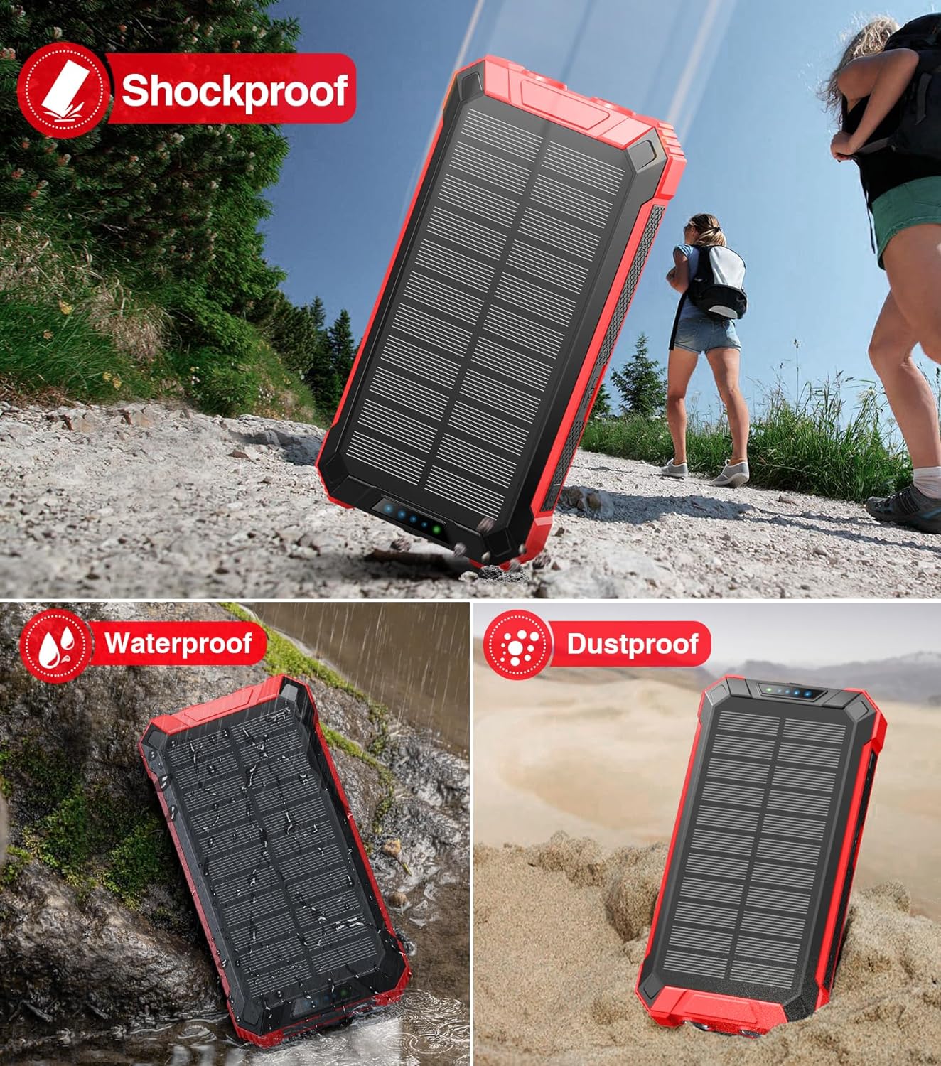 36000mAh Built in 4 Cables Six Outputs 15W Fast Charging Power Bank for All Mobile Devices Three Inputs Solar Portable Charger with Dual Flashlights, Carabiner