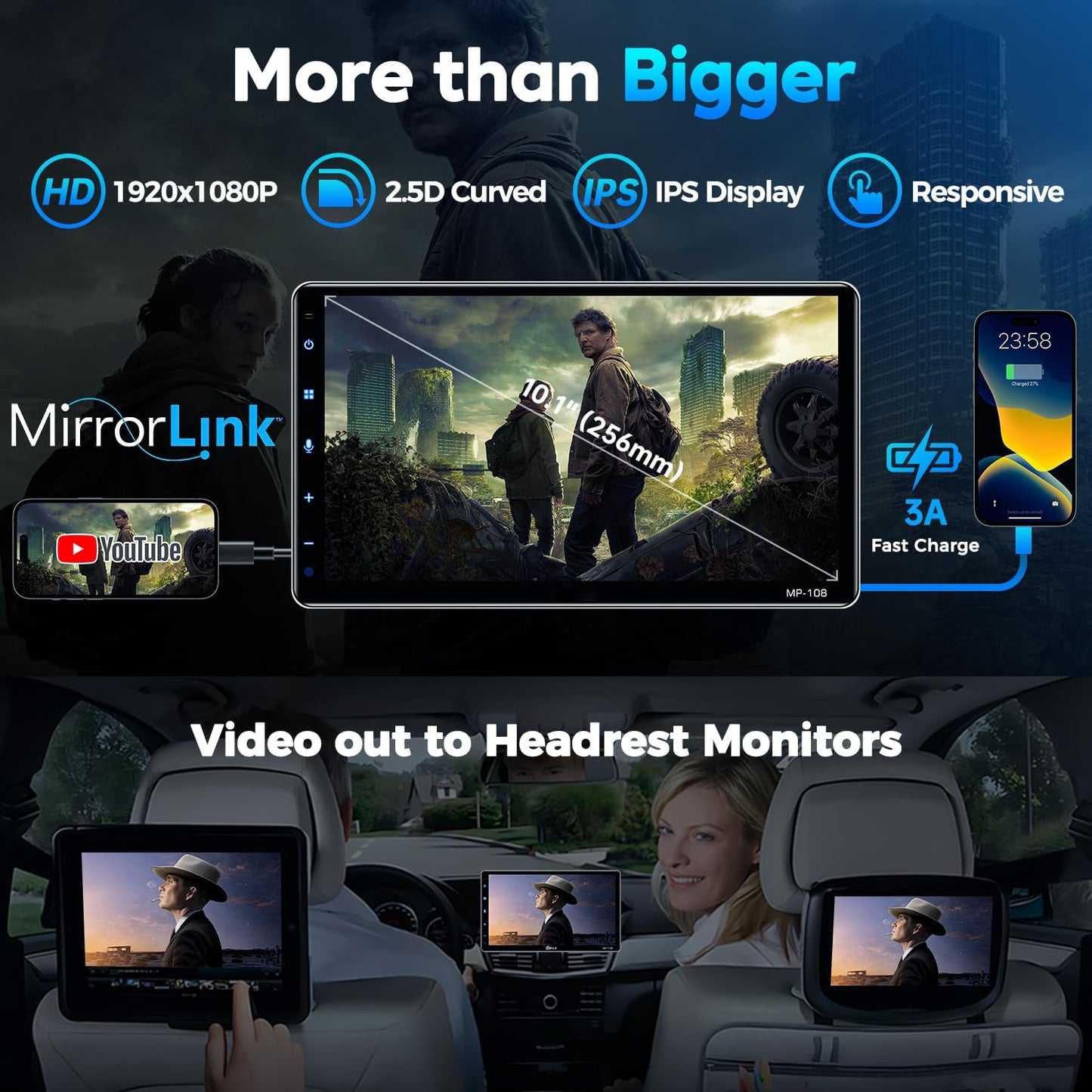 10.1" Wireless Single Din Car Radio Stereo with Apple Carplay Android Auto Touch Screen